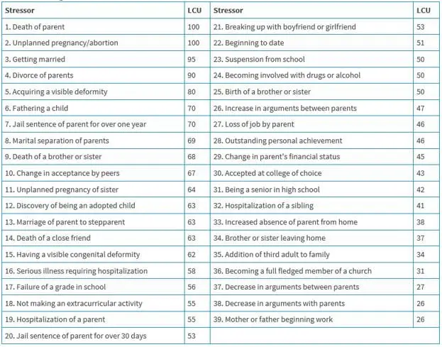 Holmes and Rahe Scale non adult