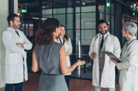 A small group of medical and business professionals have a conversation in the hallway of a modern office